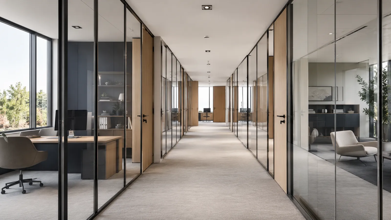 Cloisons vitrées toute hauteur séparant des espaces de bureaux