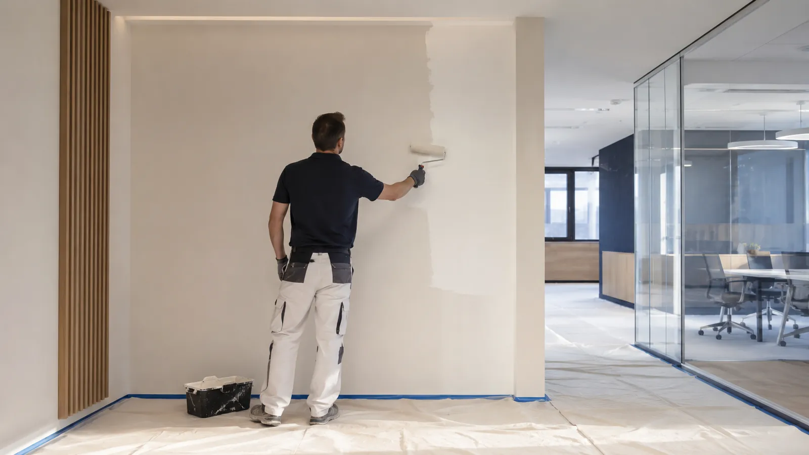 Travaux de peinture en finition, murs clairs et protections au sol dans des bureaux