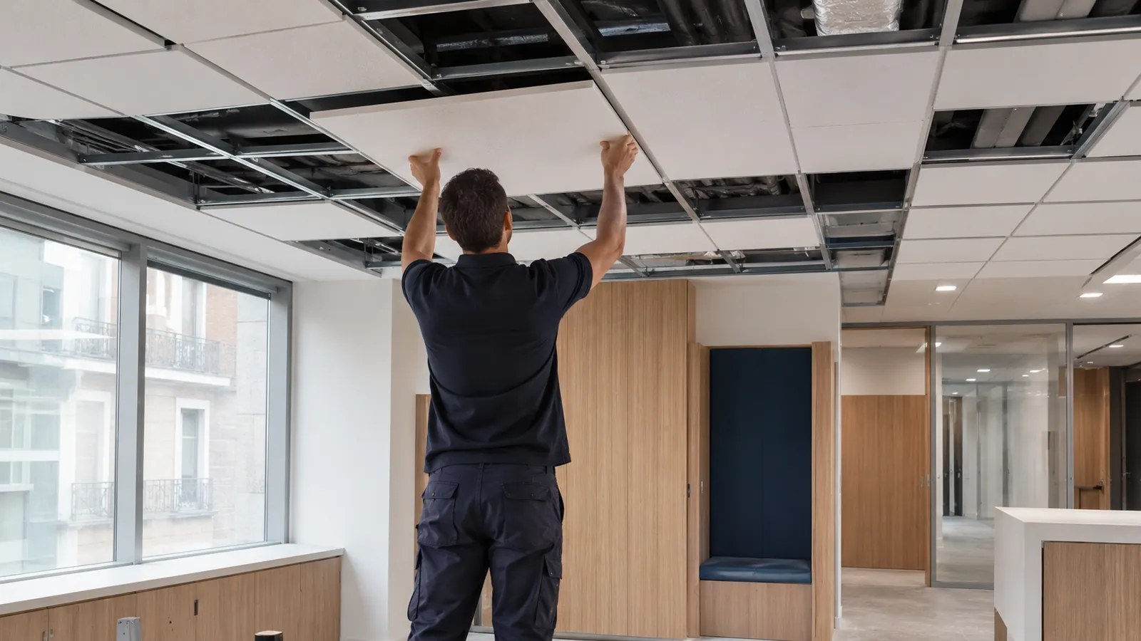 Plateau de bureaux en cours de rénovation avec faux plafond et éclairage encastré
