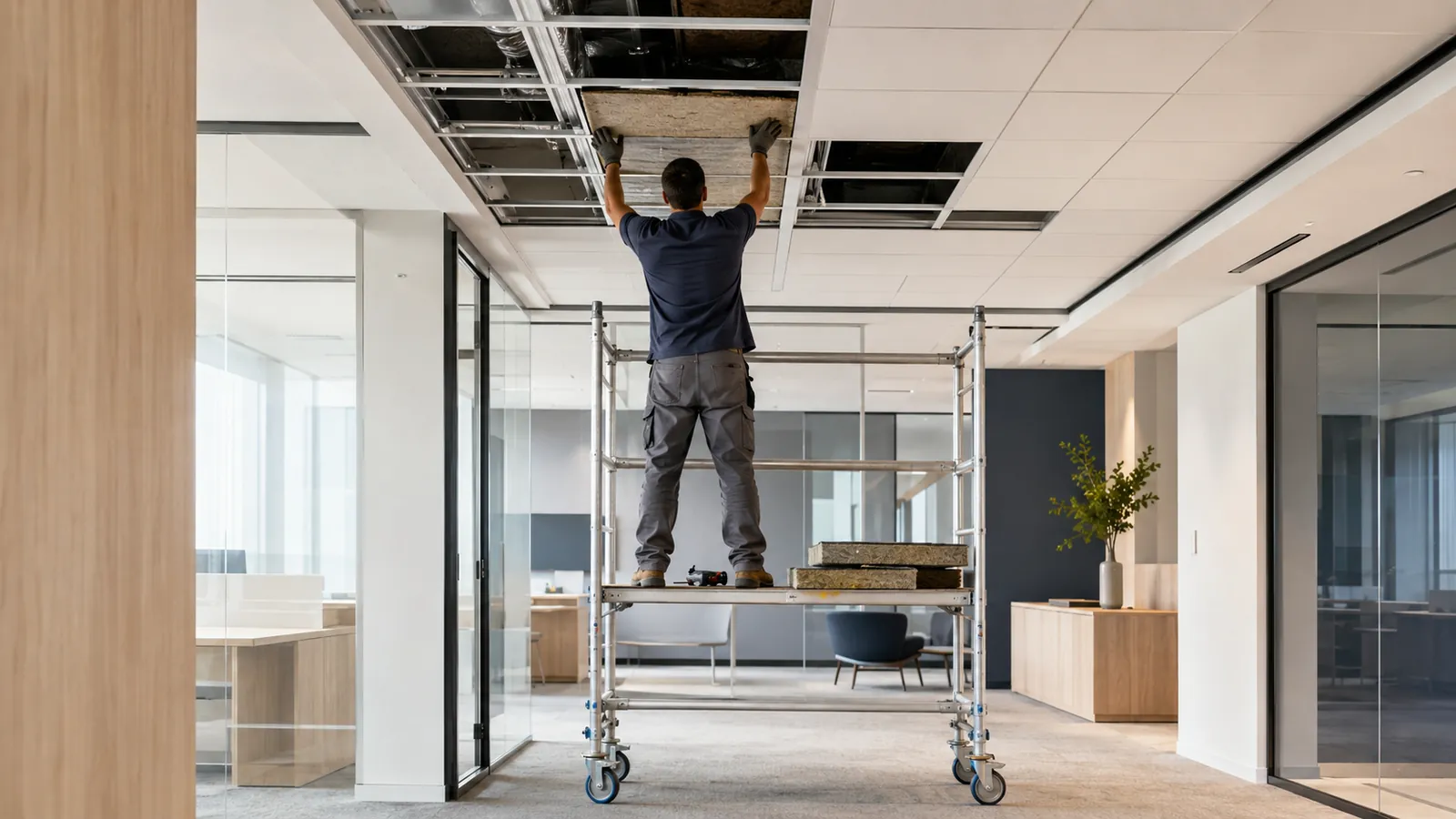 Barrière acoustique posée en plénum, au-dessus d&rsquo;une cloison, dans un faux plafond ouvert