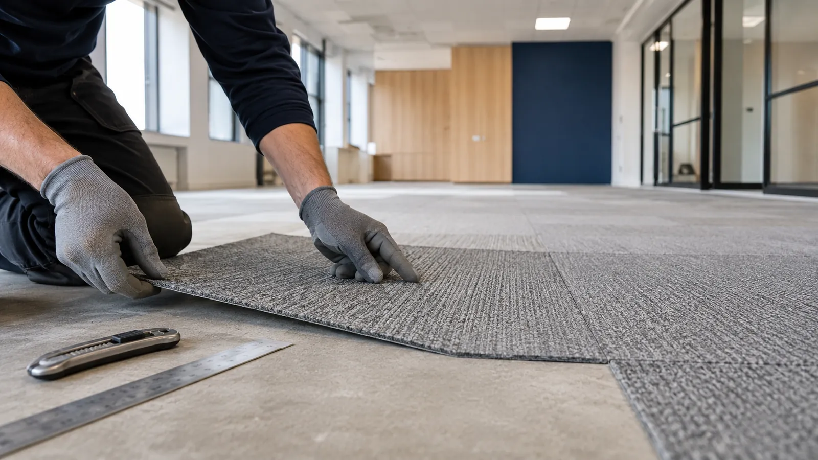 Pose de moquette en dalles sur un plateau de bureaux