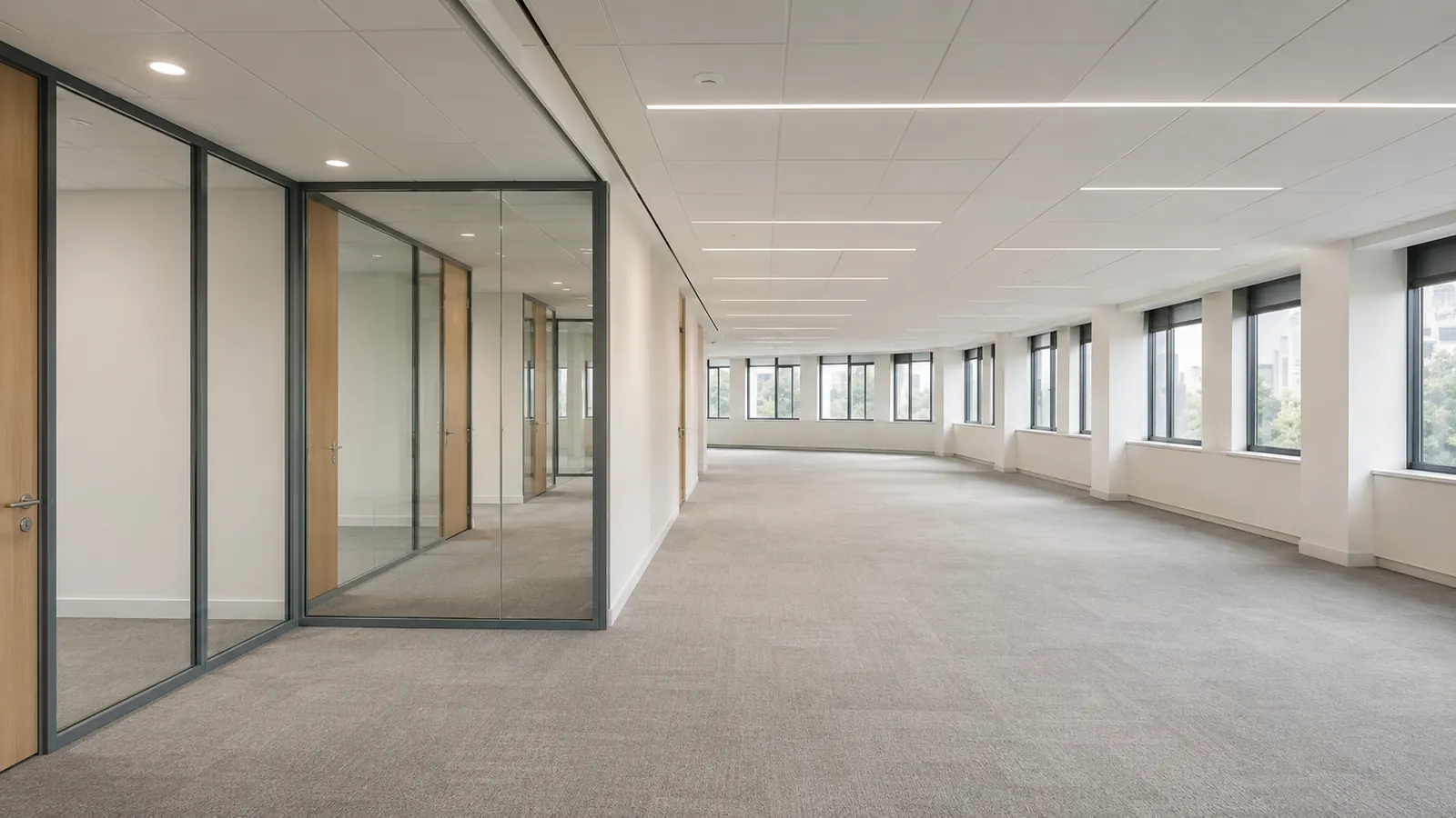 Plateau de bureaux après travaux&nbsp;: moquette, faux plafond fini et cloisons vitrées habillées