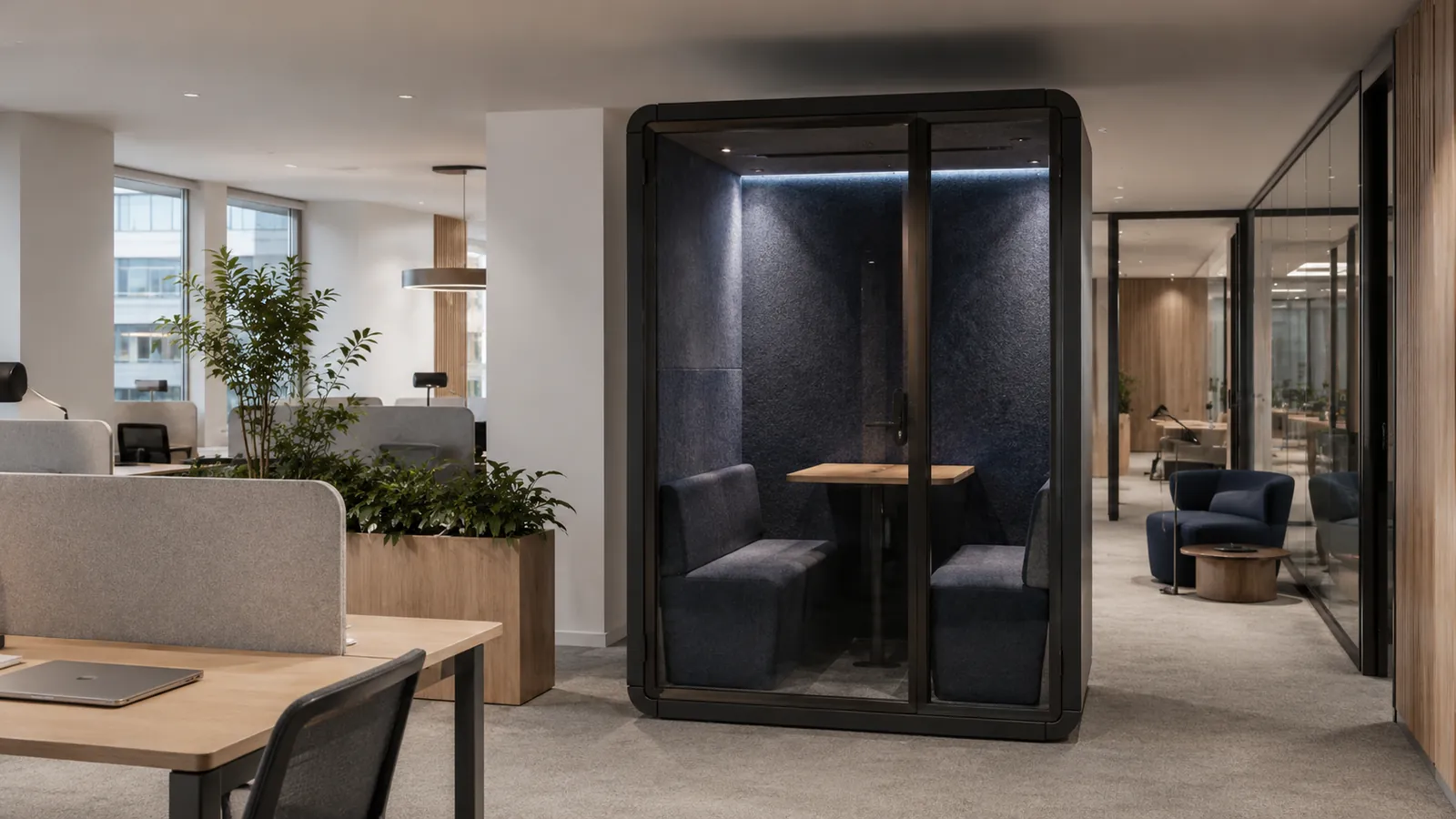 Cabine acoustique DUO aménagée pour un entretien à deux