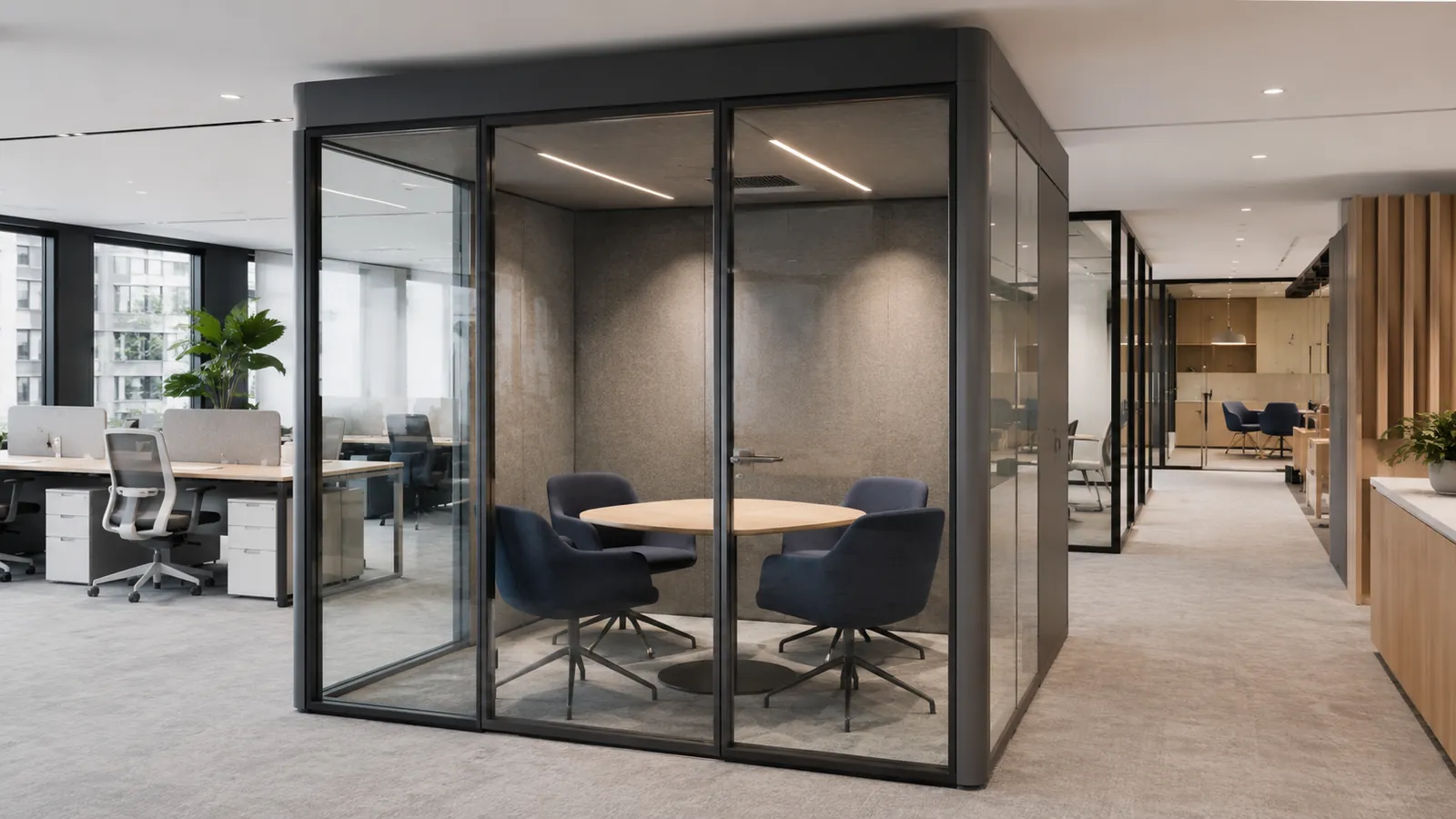 Cabine acoustique quatre personnes installée dans un open space