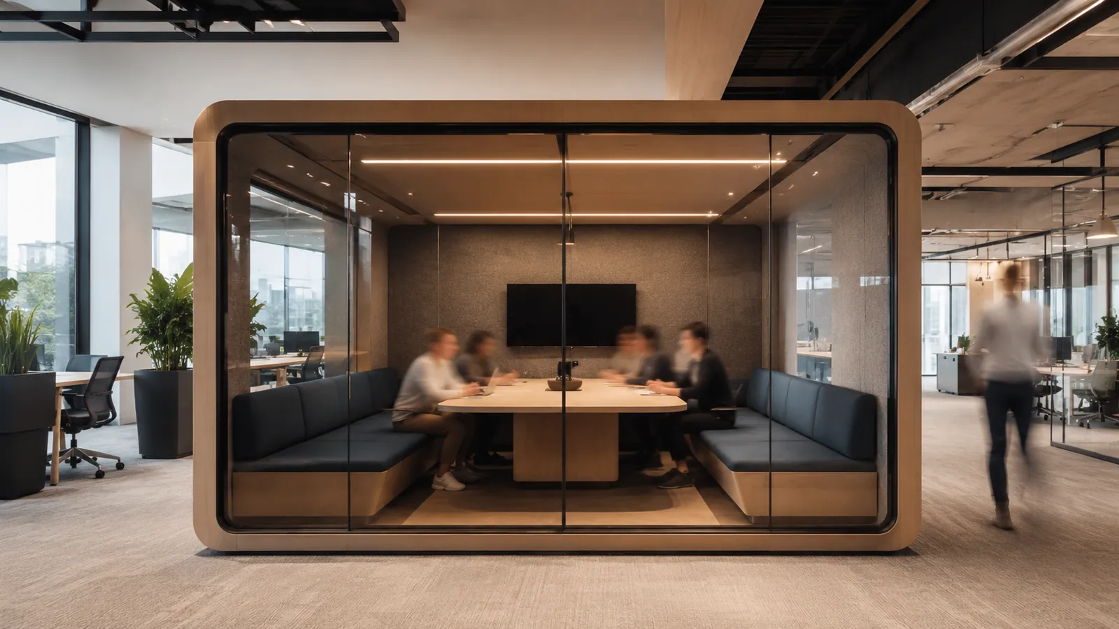Grande cabine acoustique TEAM aménagée en atelier d’équipe collaboratif