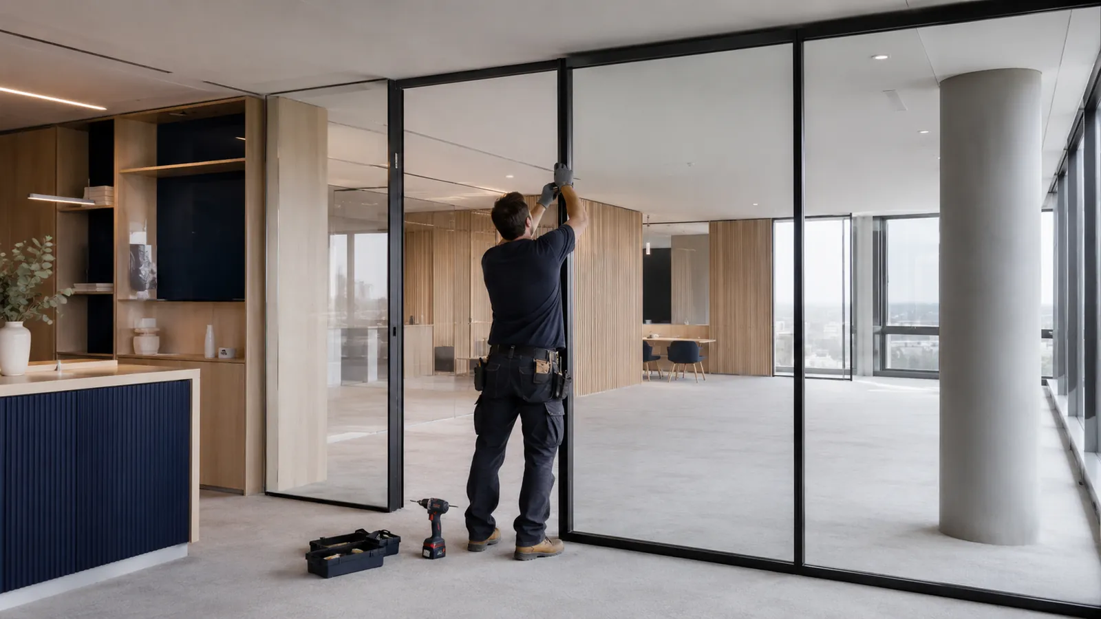 Intervention soignée sur une cloison vitrée, chantier balisé