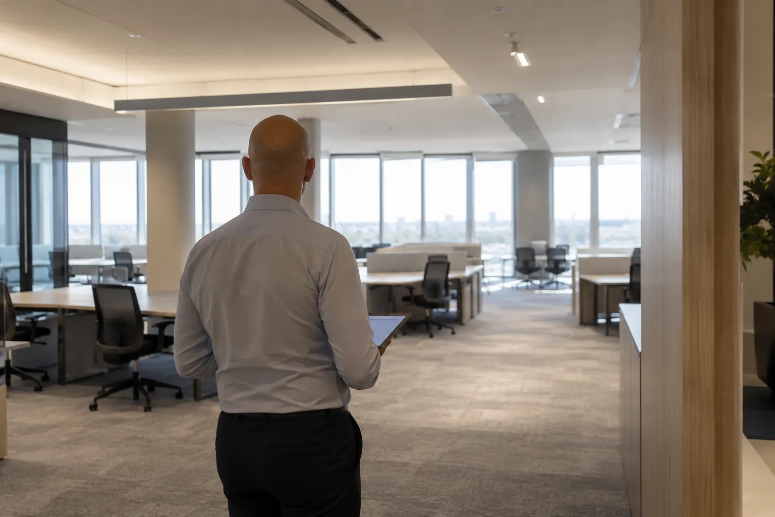 Référent études FACILITY RENOV parcourant un plateau de bureaux, tablette en main