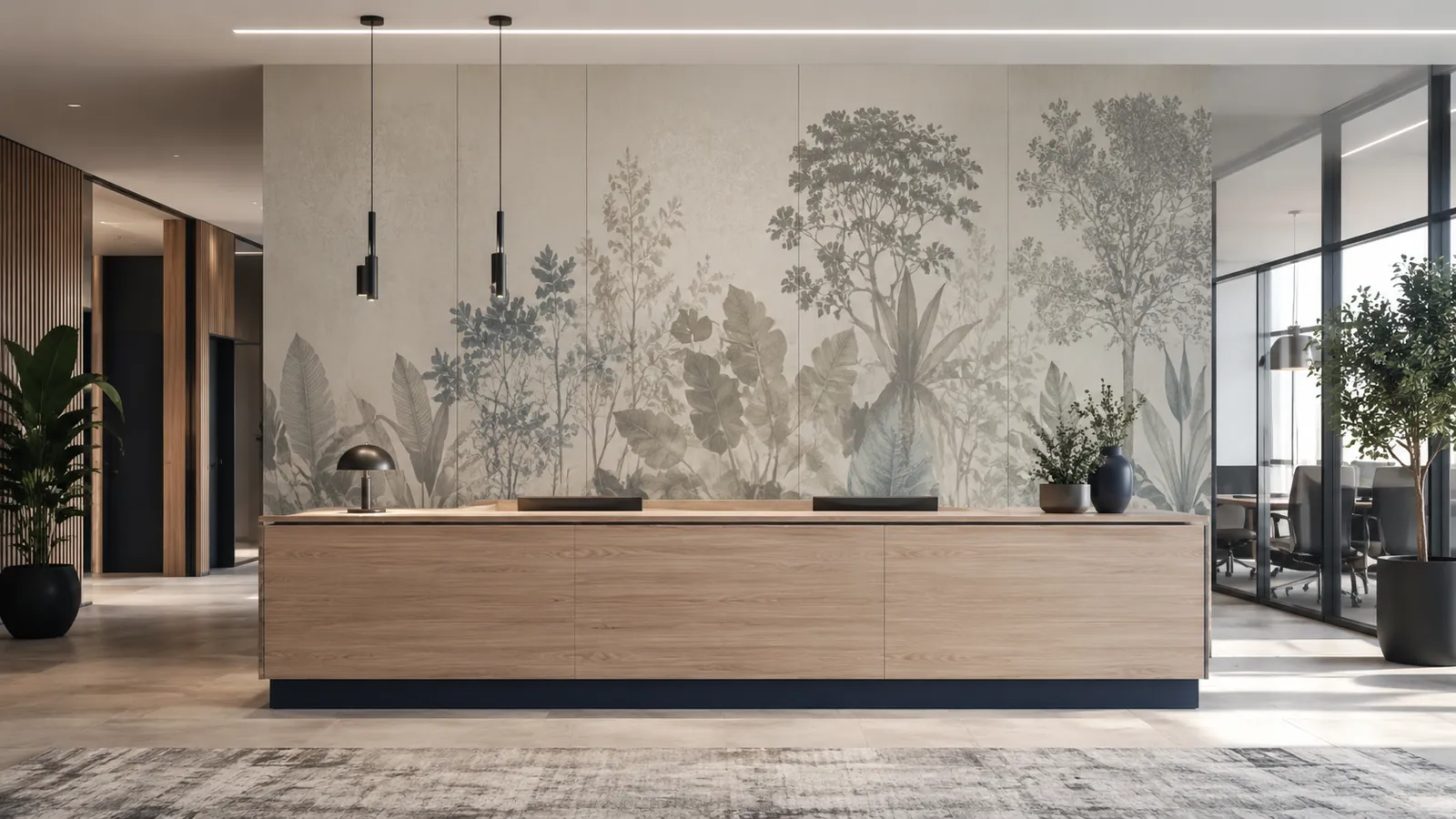 Fresque imprimée en haute définition sur panneaux de feutre acoustique dans un hall d&rsquo;accueil