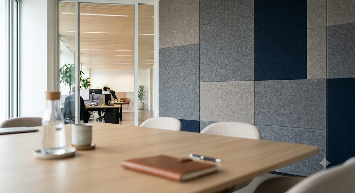 Panneaux acoustiques muraux colorés posés sur un mur de bureau