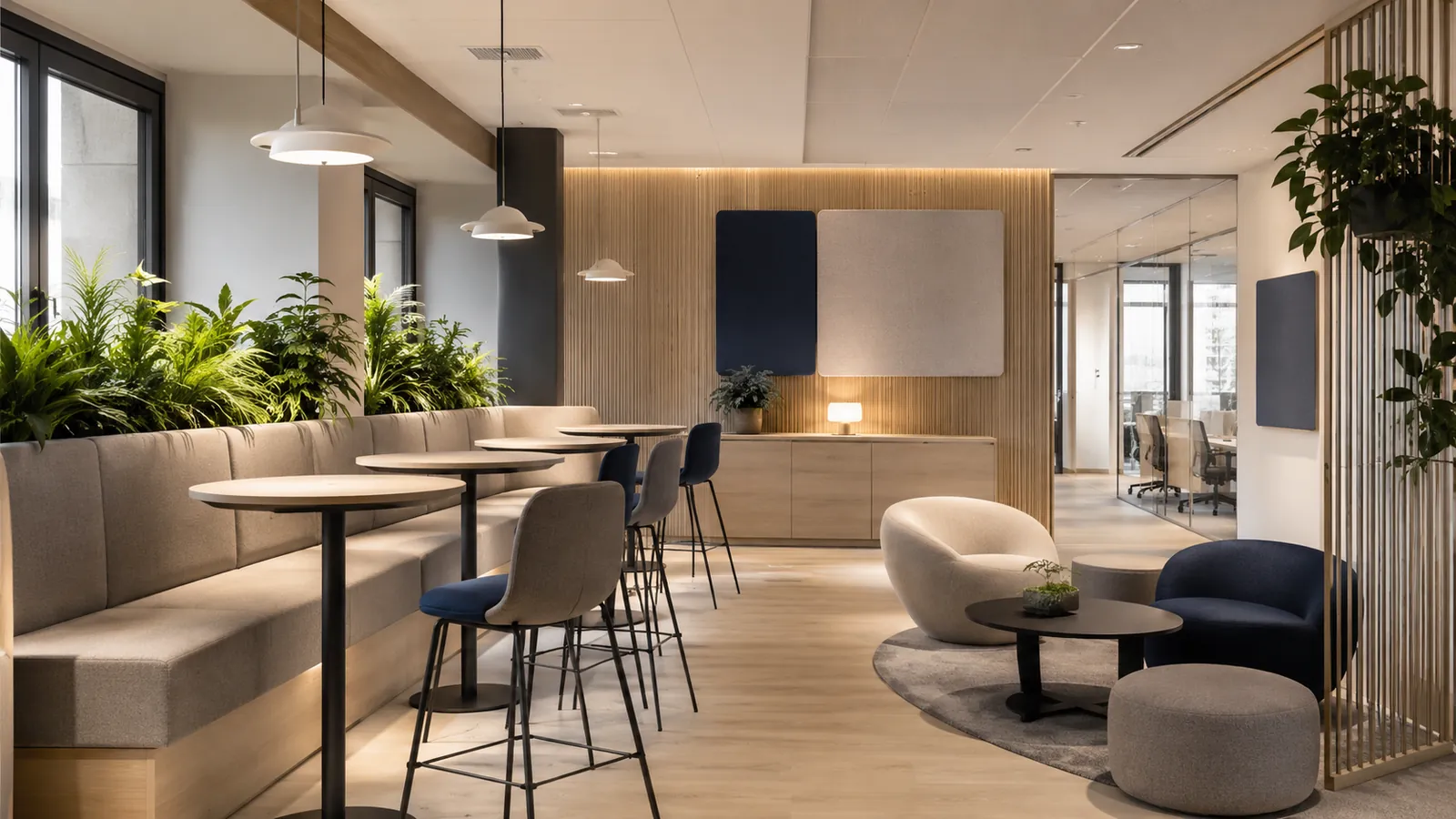 Salle CSE créée et aménagée : coin convivialité, banquette, tables hautes et panneaux acoustiques muraux
