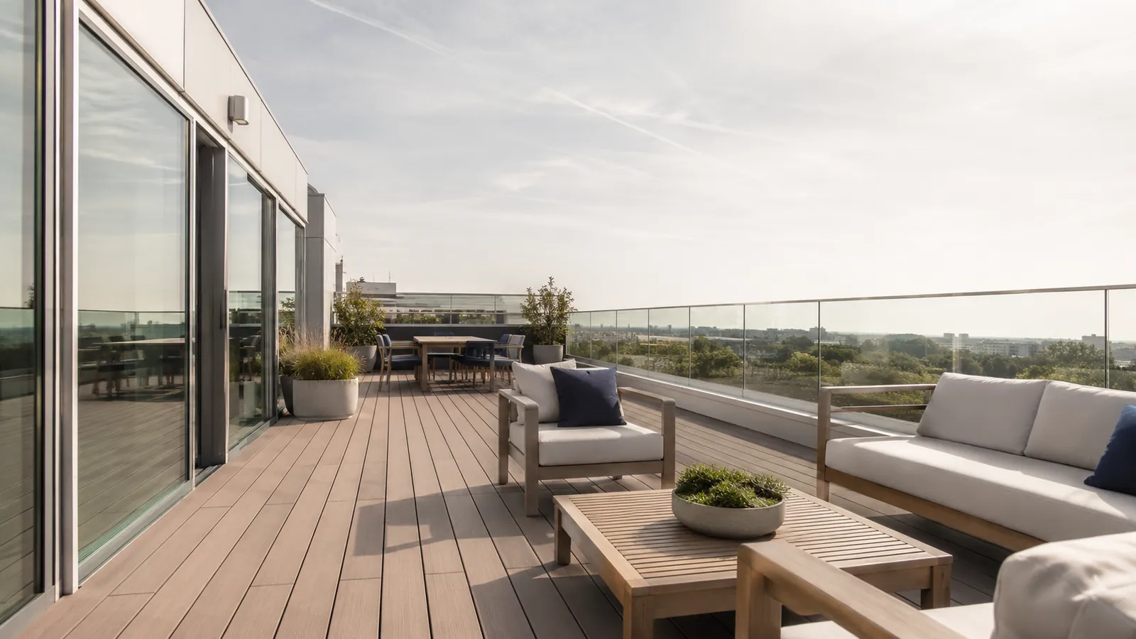 Terrasse extérieure en lames composite posées sur plots, mobilier d’extérieur et garde-corps vitré, vue dégagée